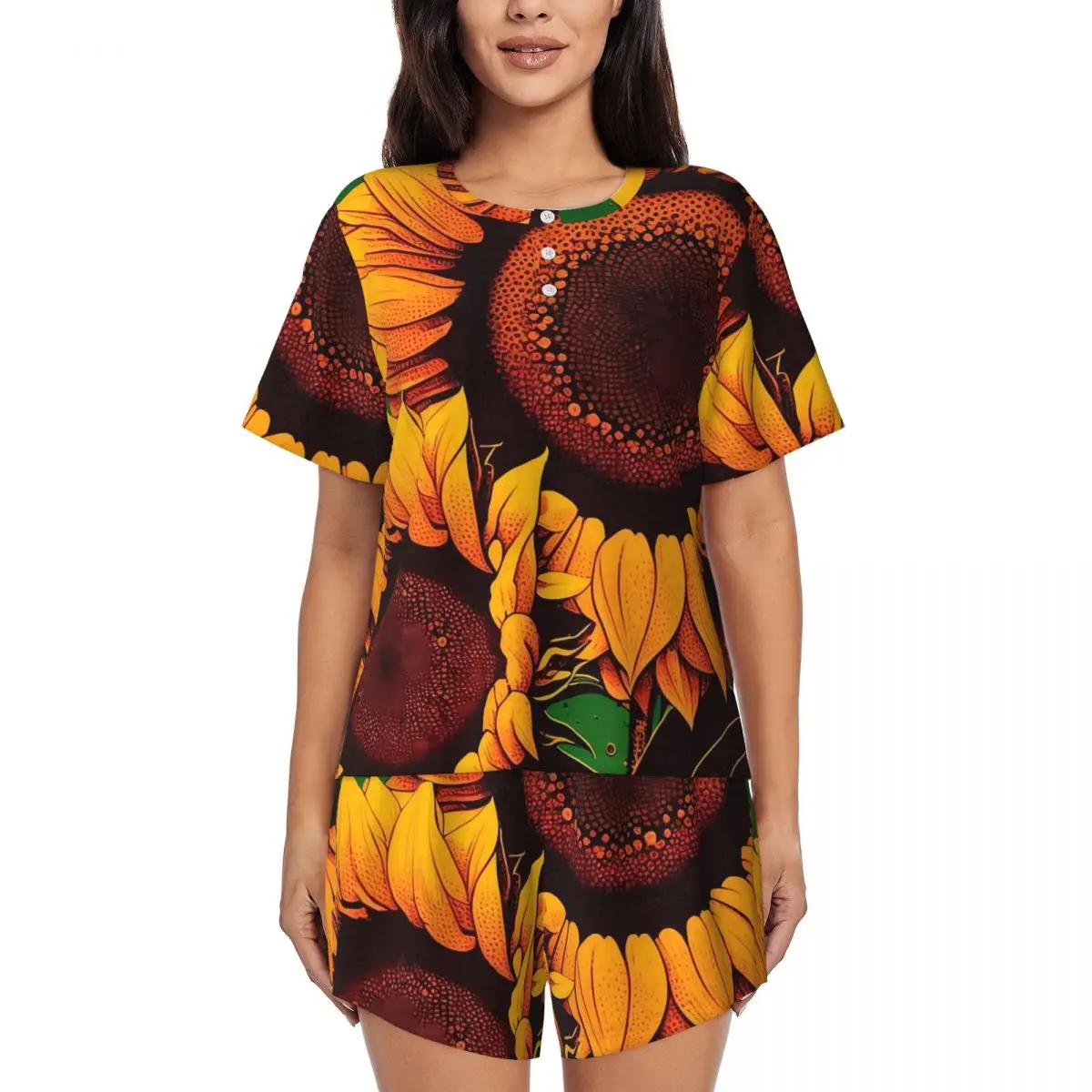 

Sunflower Print Pajamas Short-Sleeve Yellow Flowers 2 Piece Casual Pajamas Set Summer Women O Neck Cute Nightwear