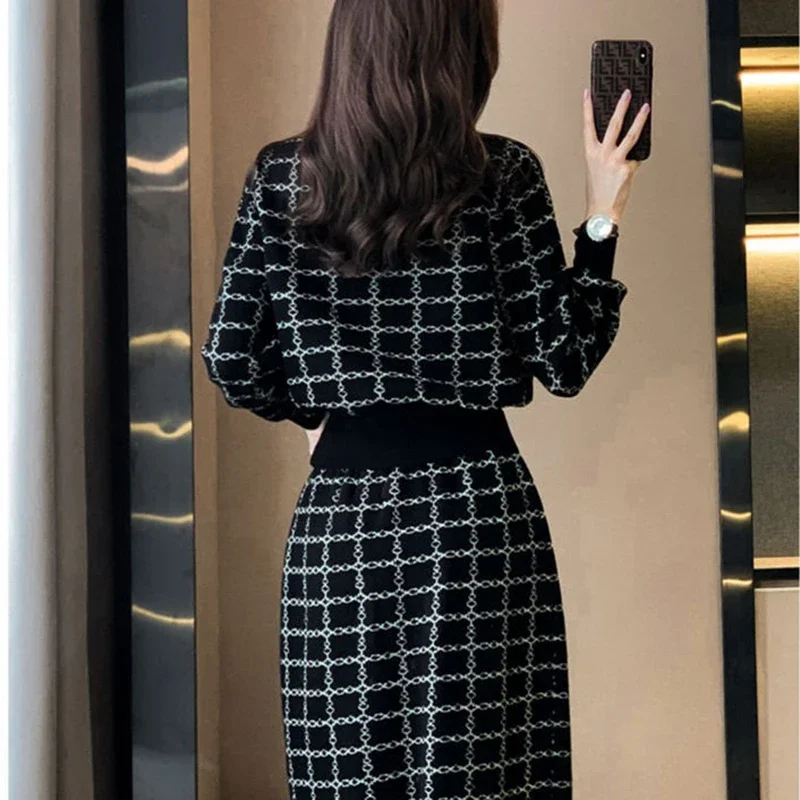 Korean Plaid Sweaters 2 Piece Sets Women Causal Half Turtleneck Knit Pullover Tracksuit Slim High Waist Knitwear Skirts Conjunto