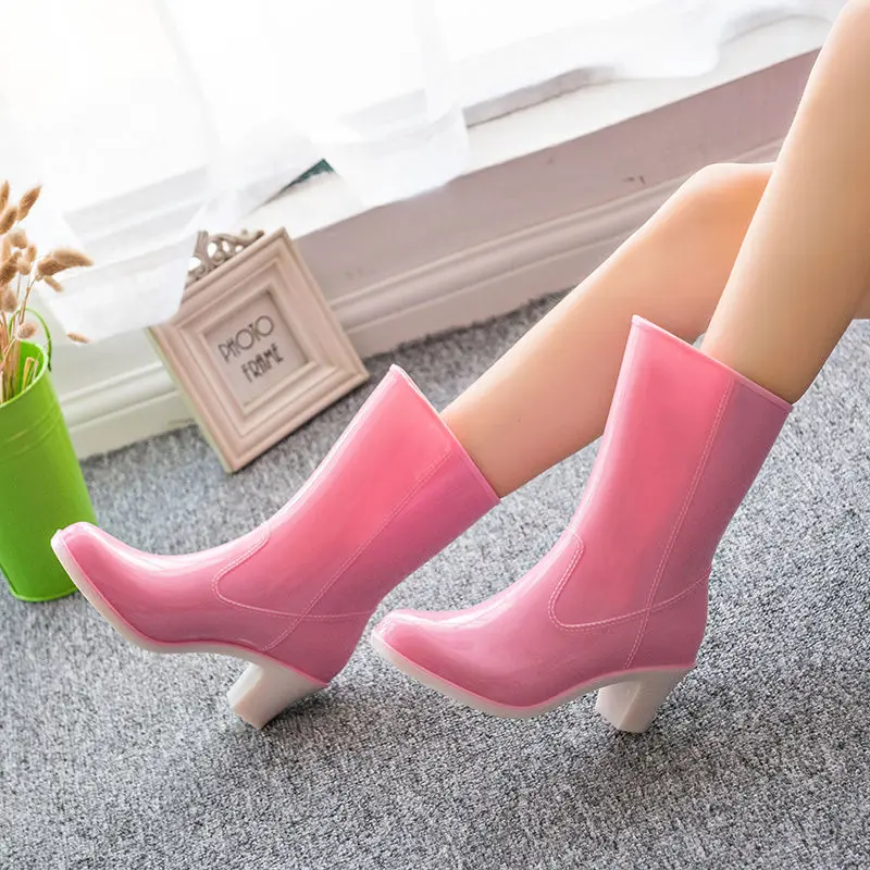 Spring Fashion Women Casual Outdoor Mid-tube Waterproof Rain Boots PVC High-Heeled Rain Boots Korean Version All-Match 36-40