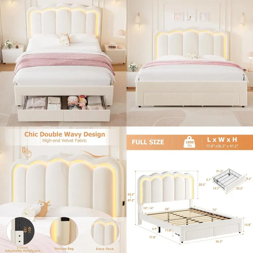 

Upholstered LED Bed with Storage Drawers, Adjustable Headboard, Velvet Platform, Solid Wood Slats, No Box Spring Needed, Beige