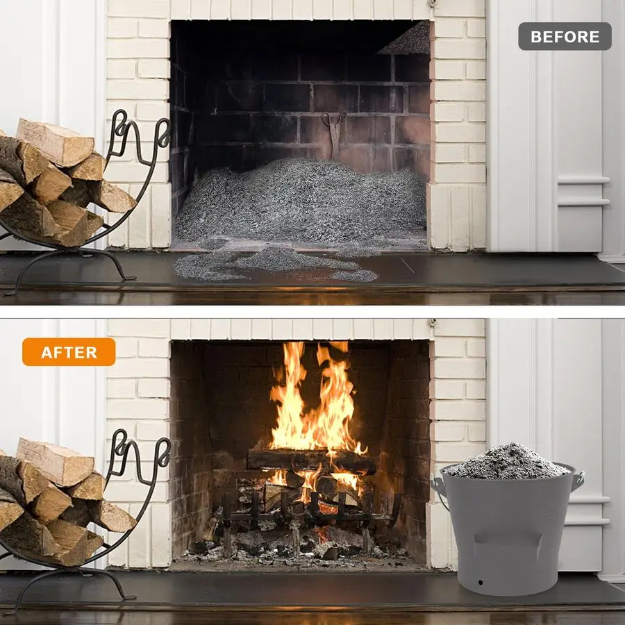 دلو رماد بغطاء، دلو رماد للمدفأة سعة 2.6 جالون مع مجرفة ومكنسة يدوية، دلو معدني للمدفأة، حفرة نار، حرق الخشب