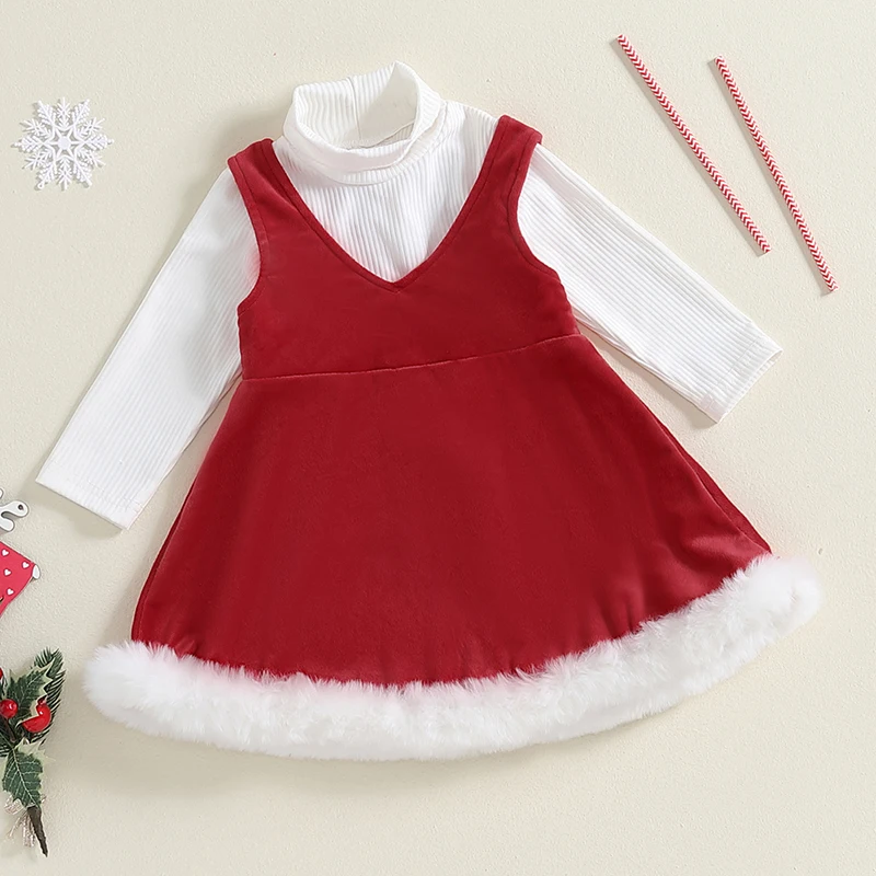 

Suefunskry Toddler Girl 2Pcs Christmas Outfits Sleeveless Overall Dress + Long Sleeve Turtleneck Pullover Tops Set Baby Clothes