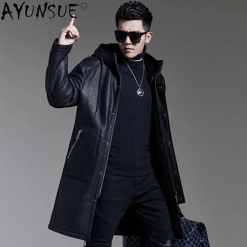 

AYUNSUE Winter Natural Fur Leather Jackets for Men 2024 Hooded 100% Real Sheepskin Coat Warm Parkas Jaqueta Masculina Gxy257