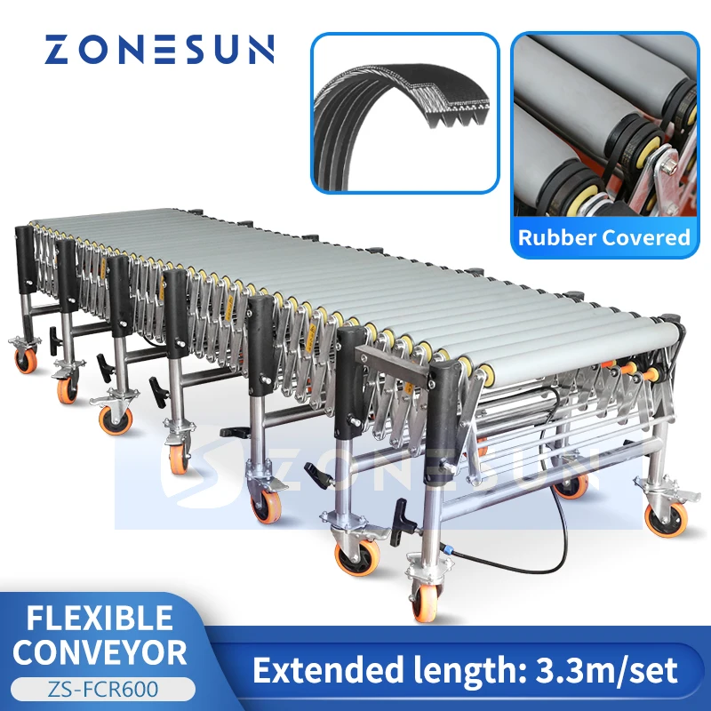 

ZONESUN Flexible Conveyor Rubber Covered Powered Rollers V Belts ZS-FCR600 Shipment Handling Transporting Equipment Save Labor