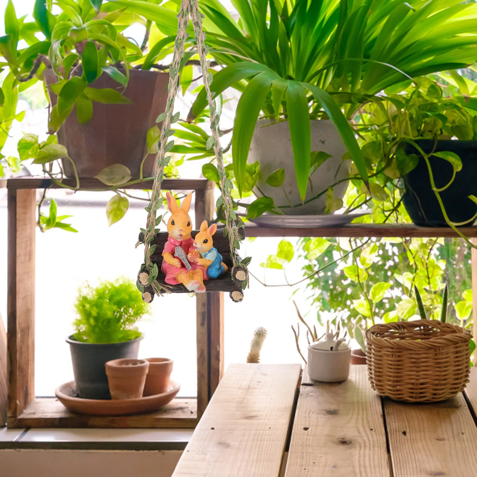 

Swing Rabbit Garden Statue Resin Reading Rabbit Tree Hanging Ornament Outdoor Yard Landscape Decor Resin Statue for Garden