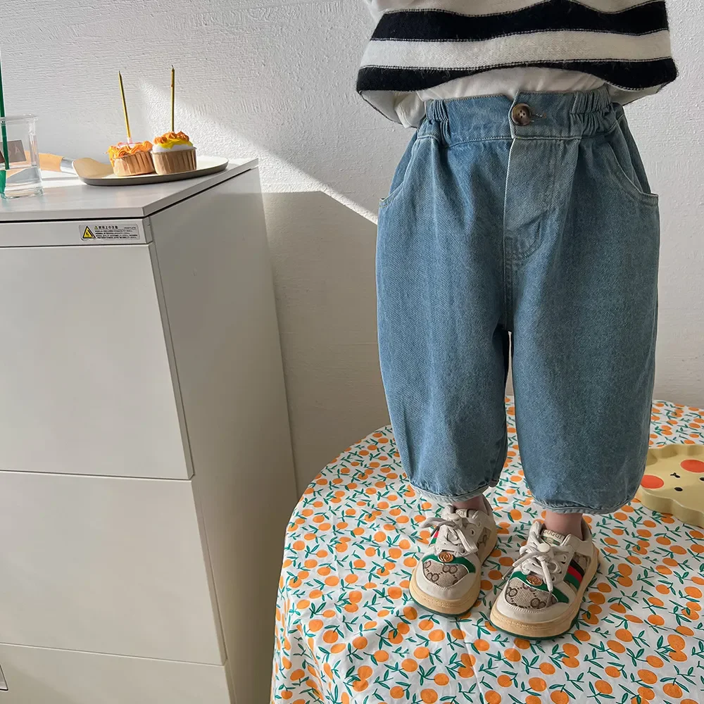 

1086C Children Denim Pants 2023 Casual Loose Boy's Wide Legs Knickerbockers 1-9Year Girl's Trousers