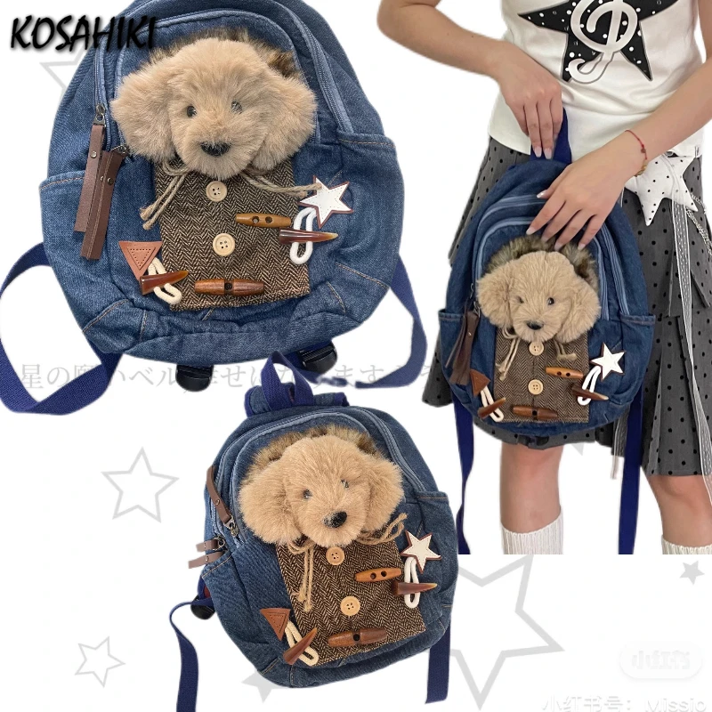 

Корейские модные джинсовые сумки на пуговицах Kawaii, пушистая собака Y2k, эстетические школьные сумки контрастного цвета, повседневные рюкзаки для женщин, студентов
