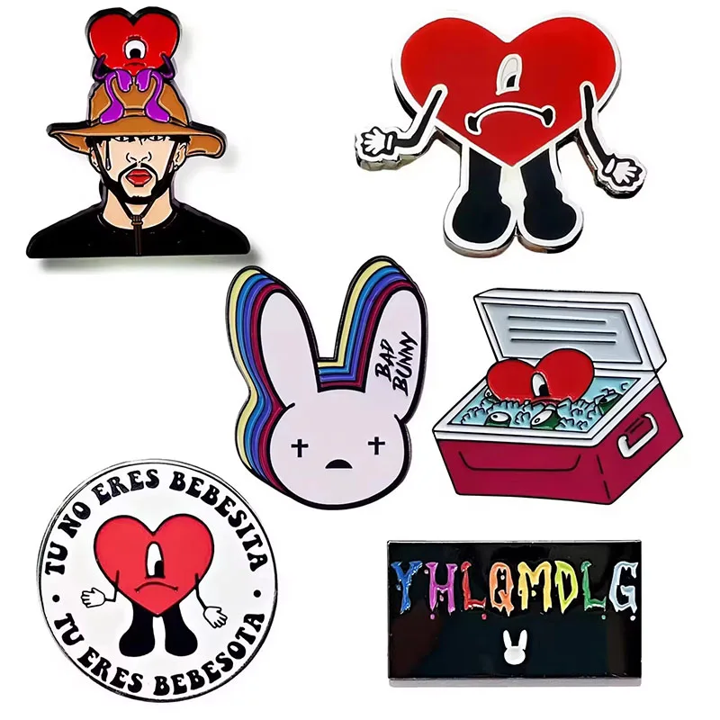 

Rock Band Bad Bunny Red Heart Rapper Enamel Pin Hip Hop Music Singer Badge Lapel Pins Accessory Gifts
