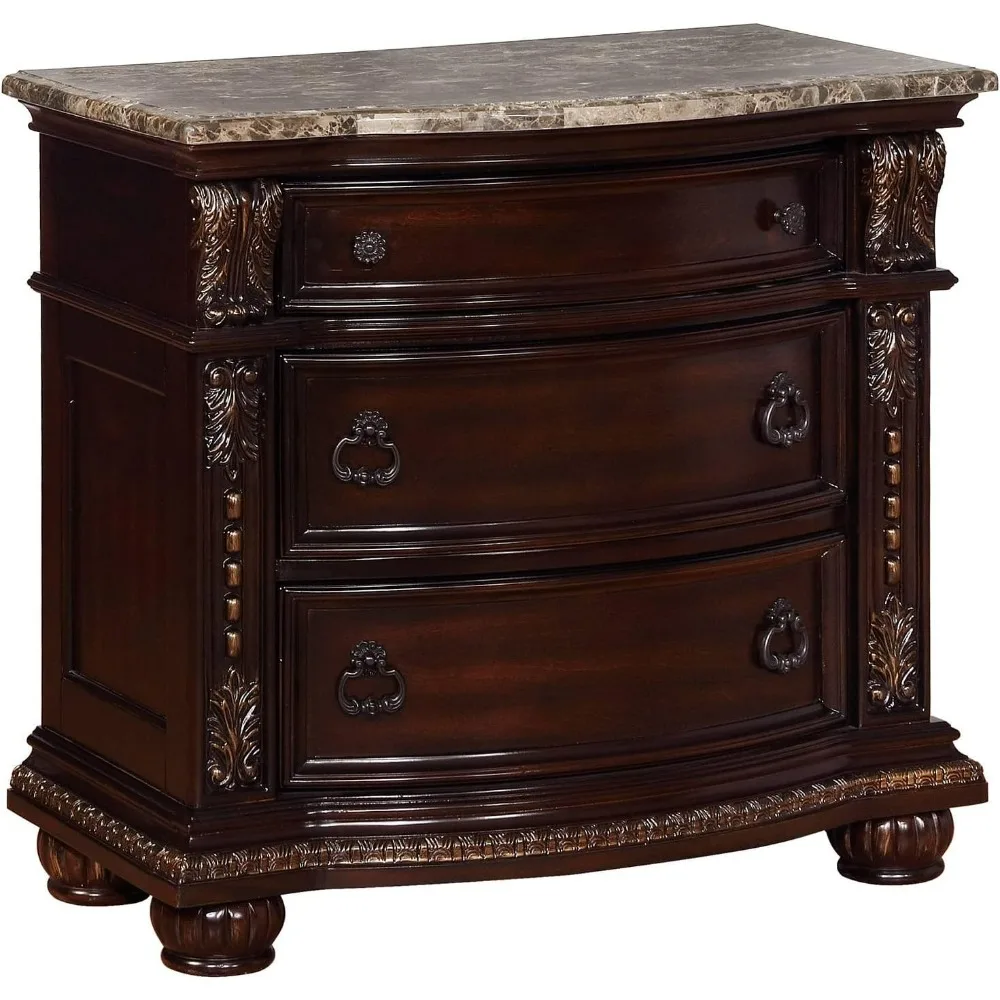 3 Drawer Nightstand with Marble Inlay Top, Dark Brown Wood Beside Table, End Table