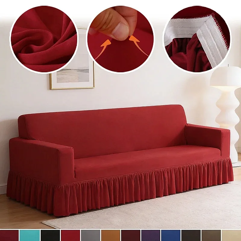 Universal Elastic Sofa Cover Skirt Milk Silk Fabric Non Slip Machine Washable Sofa Couch Protector for 1 2 3 4 5 Seater Size