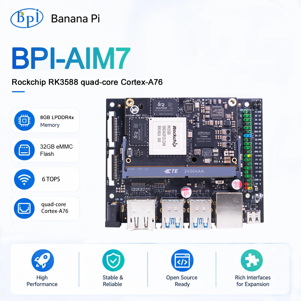 Banana Pi BPI-AIM7 Rockchip RK3588 8GB RAM 128GB eMMC eight-core 64-bit processor 6 TOPS computing power NPU