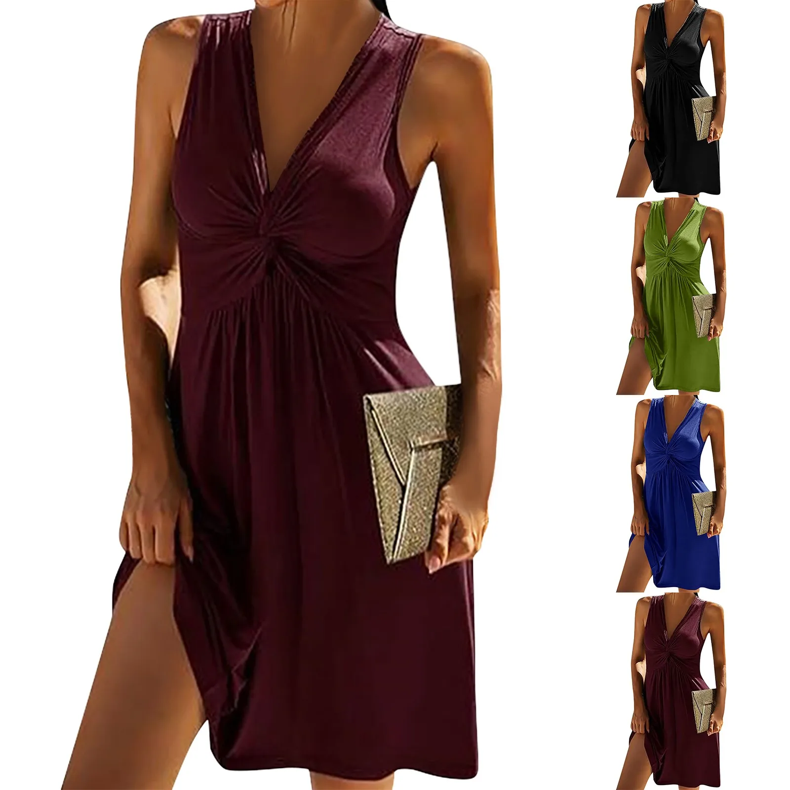 2024 Summer Dress Women V Neck Front Knotted Sleeveless Pleated Tank Dress Women's Solid Color Casual Loose Mini Sundress