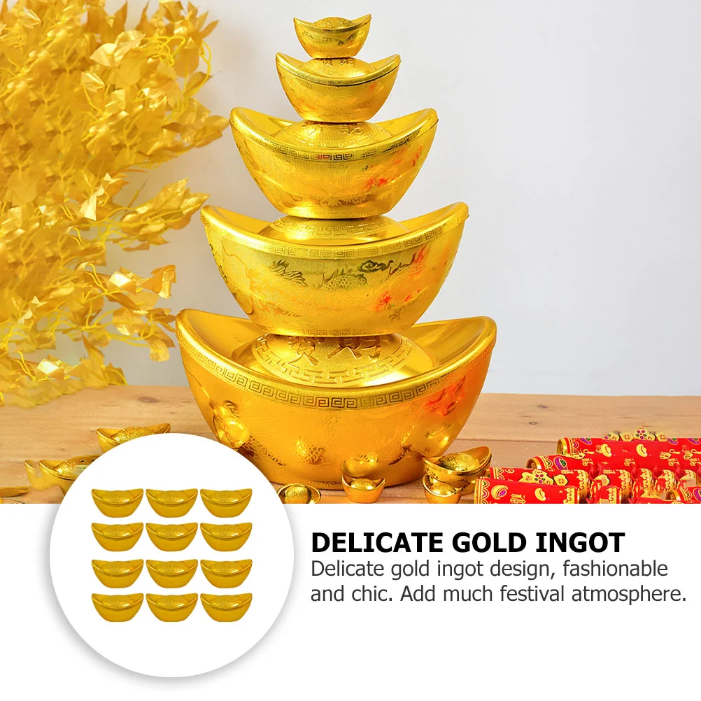 12 Pcs Feng Shui Decor Ingot Ornament New Year Desktop Golden Plastic Plaything Office