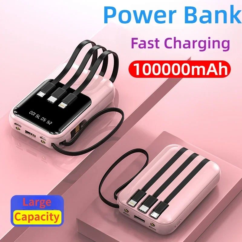 

New Power Bank with Built-in Cable Digital Display 100000mA Battery Charger Cases Fast Charging for iPhone Samsung Huawei Xiaomi