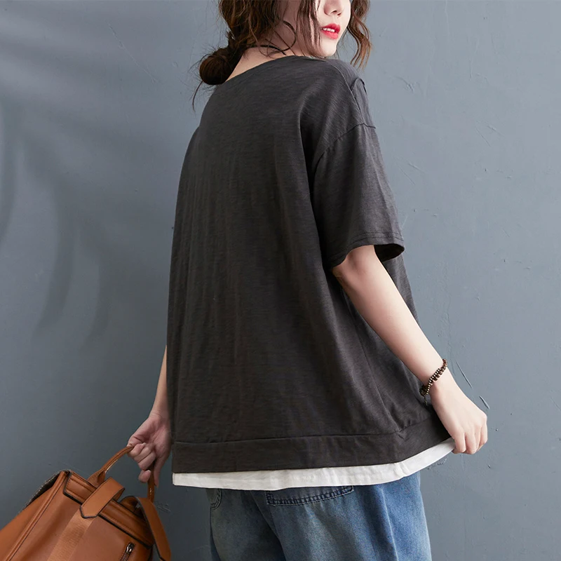 plus Size Women's Summer T-irt Color Blo  Color ort Sve round Ne Loose Fit Casual Versatile Fake Two-Piece Top