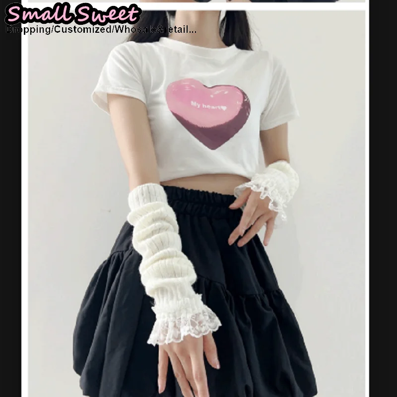 تنوعا y2k الفتيات لوليتا jk القوط المرأة محبوك غطاء الأكمام نصف إصبع الغزل مدفئات للذراع المعصم الأصفاد الدانتيل تكدرت قفازات