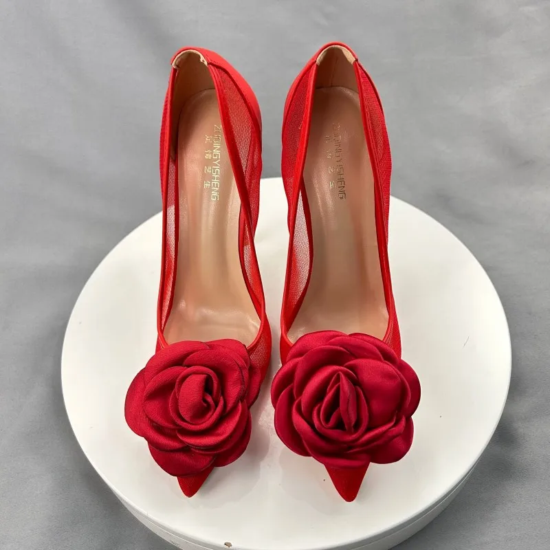 Tikicup-zapatos de tacón alto con punta puntiaguda para mujer, calzado Sexy de gasa de malla roja con retazos, Stilettos de flores elegantes, 8cm,