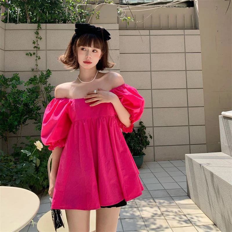 MEXZT Sweet Shirts Women Slash Neck Bandage Puff Sleeve Blouses Summer Korean Cute Off Shoulder Square Collar Loose Casual Tops