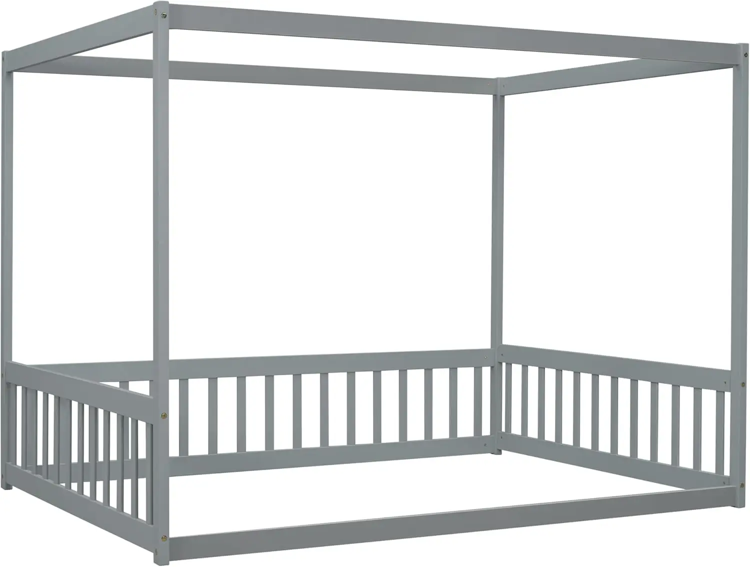إطار سرير كامل الحجم مع درابزين، تصميم بأربعة ملصقات، سرير أرضية مونتيسوري للأطفال، خشب (كامل، رمادي)