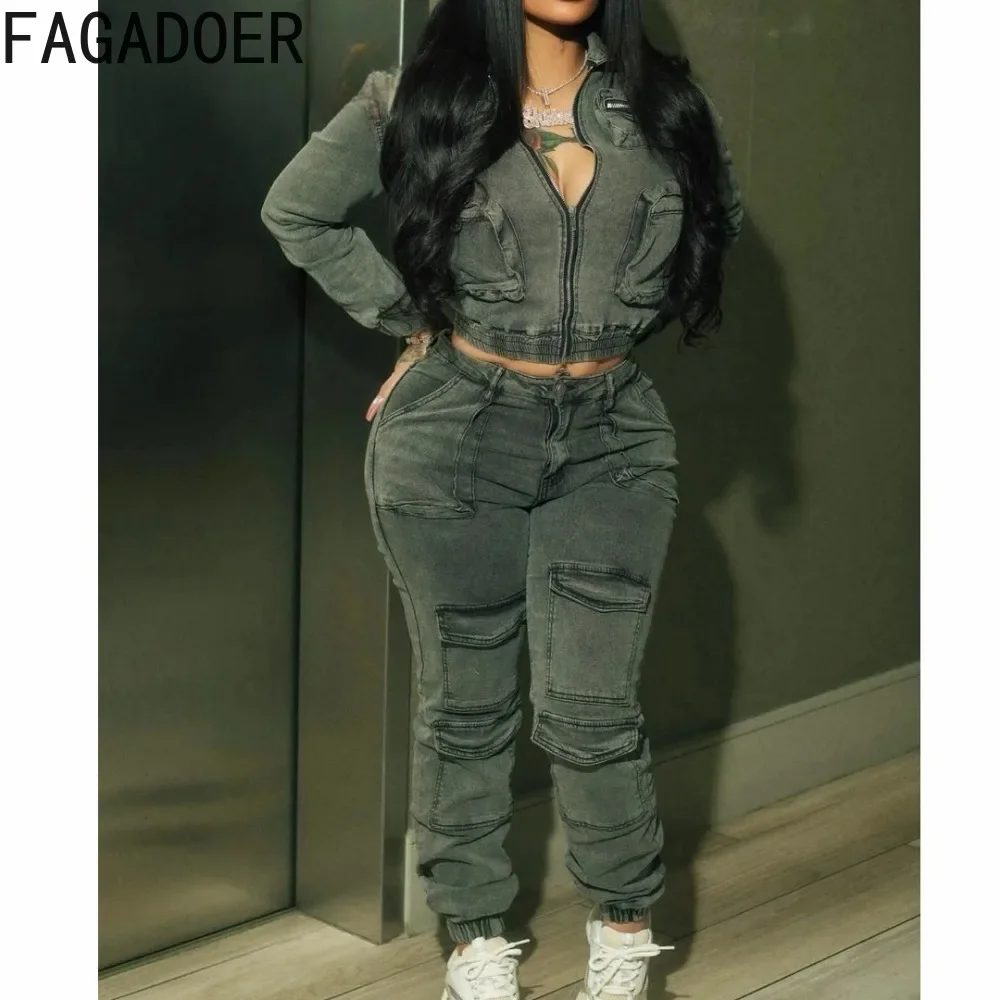 FAGADOER Fashion Denim Two Piece Set for Women Y2k Streetwear Lapel Zip Crop Jacket And Cargo Pockets Stretchy Jeans Outfits