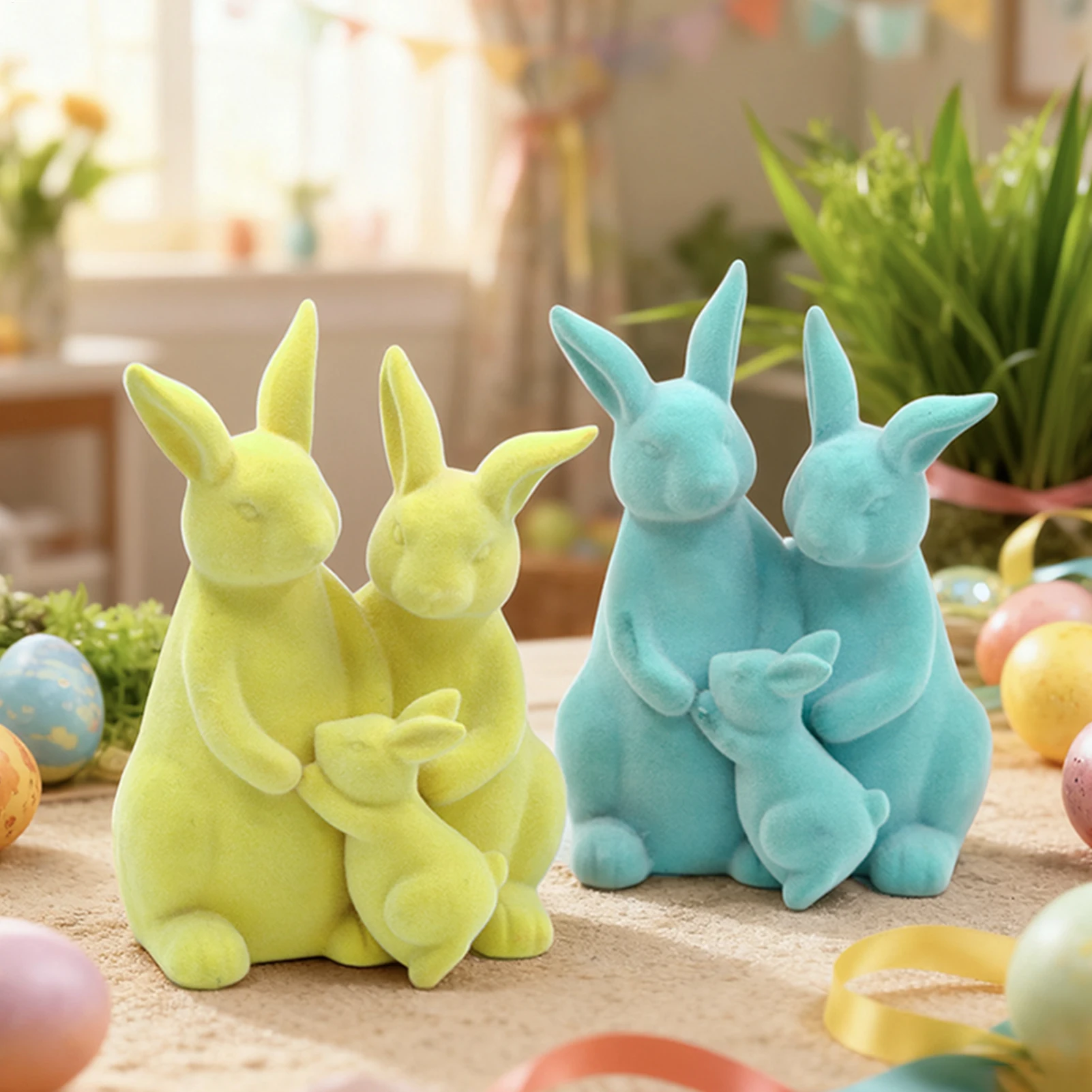 Flocked Easter Bunny Decor Easter Bunny Family Figurines Flocking Rabbit Party Table Centerpiece for Holiday Indoor Home Dining