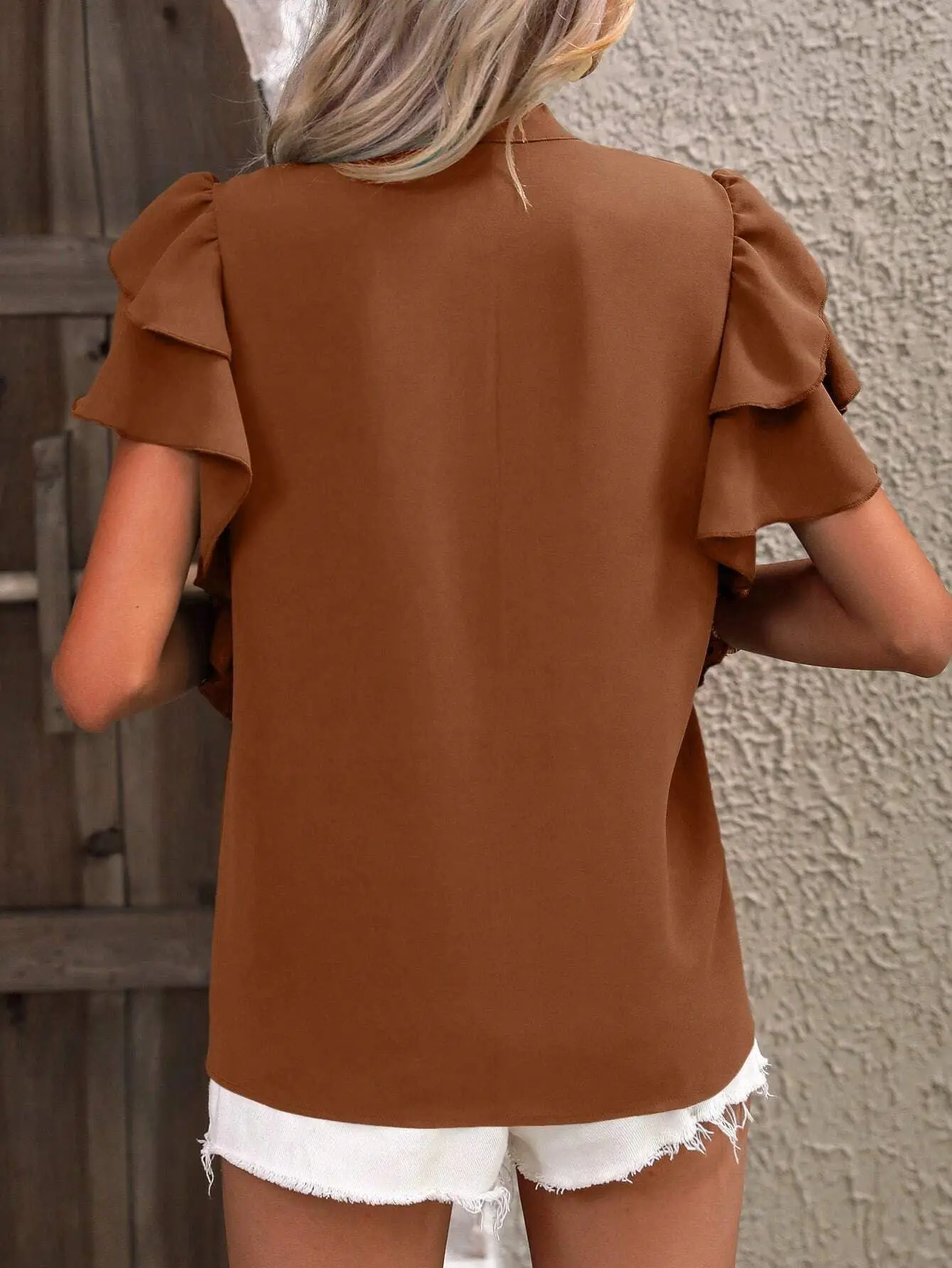 Ladies summer new V-neck casual double-layer lotus leaf sleeve solid color shirt top