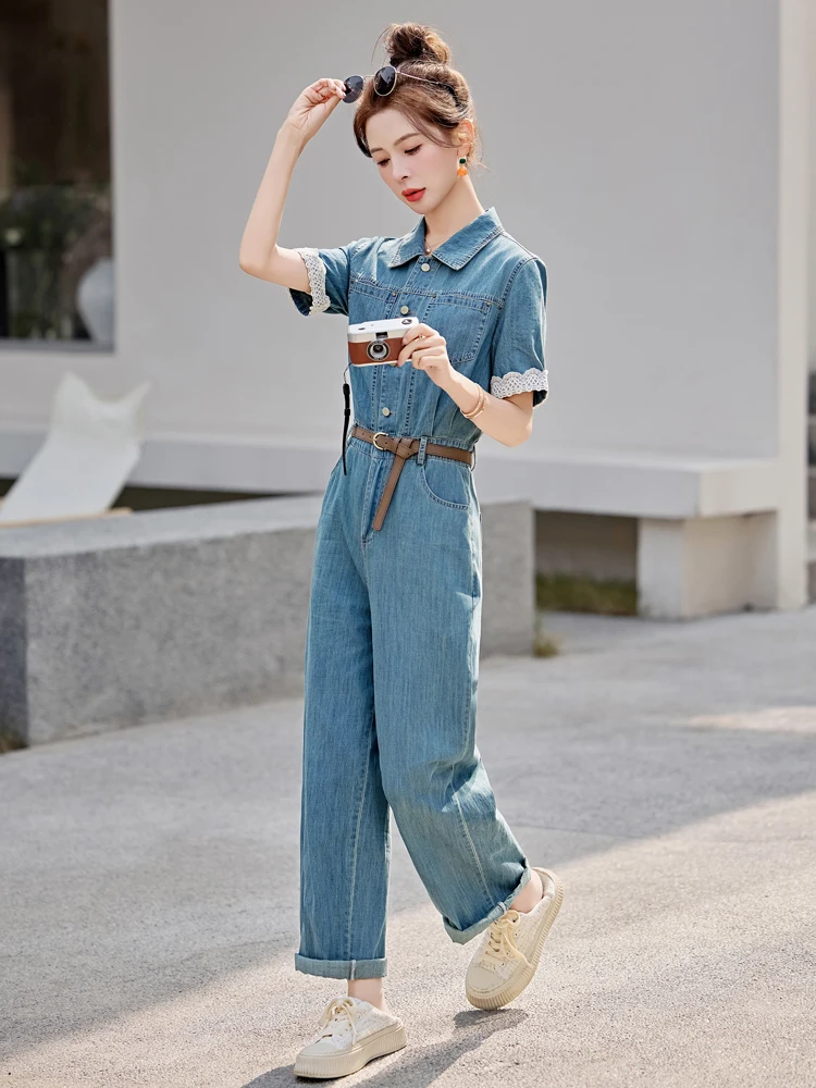 Faionable National Sle pantalones de una pieza para mujer verano 2025 nueva perla Denim seco mono con cuello de pierna ancha