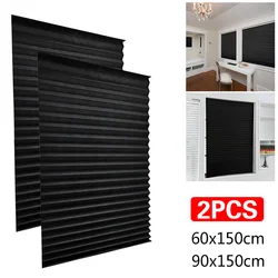 2Pcs Black Blackout Curtain Non-Woven Fabric Pleated Blinds Bathroom Kitchen Office Simplicity Self-Adhesive Cordless Curtains