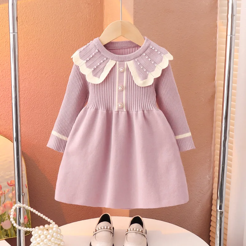 90-150cm Girls' Dress Spring and Autumn New Style Children's Baby Princess Knitted Fashion Sweater Dress