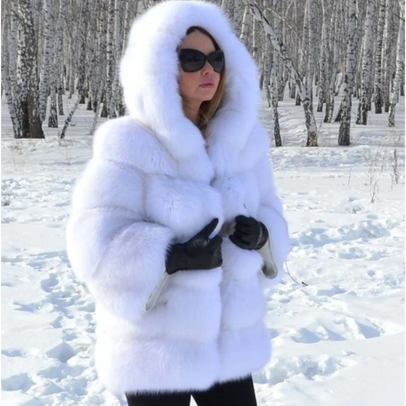 

High Quality Furry Silver Fox Faux Fur Coats and Jackets Women Fluffy Coat Hooded Thick Warm Winter Fur Jacket Manteau Femme