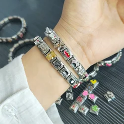 20pcs Mixed Random Pattern Elastic Italian Personality Module Bracelet Stainless Steel Couple Bracelets DIY Jewelry Making Gift