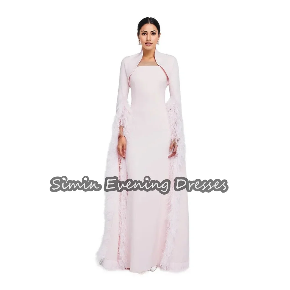 Simin Crepe Straight Boat Neck Feathers Saudi Ruffle Prom Gown Simple Floor Length Arab Evening Party dresses for women 2024