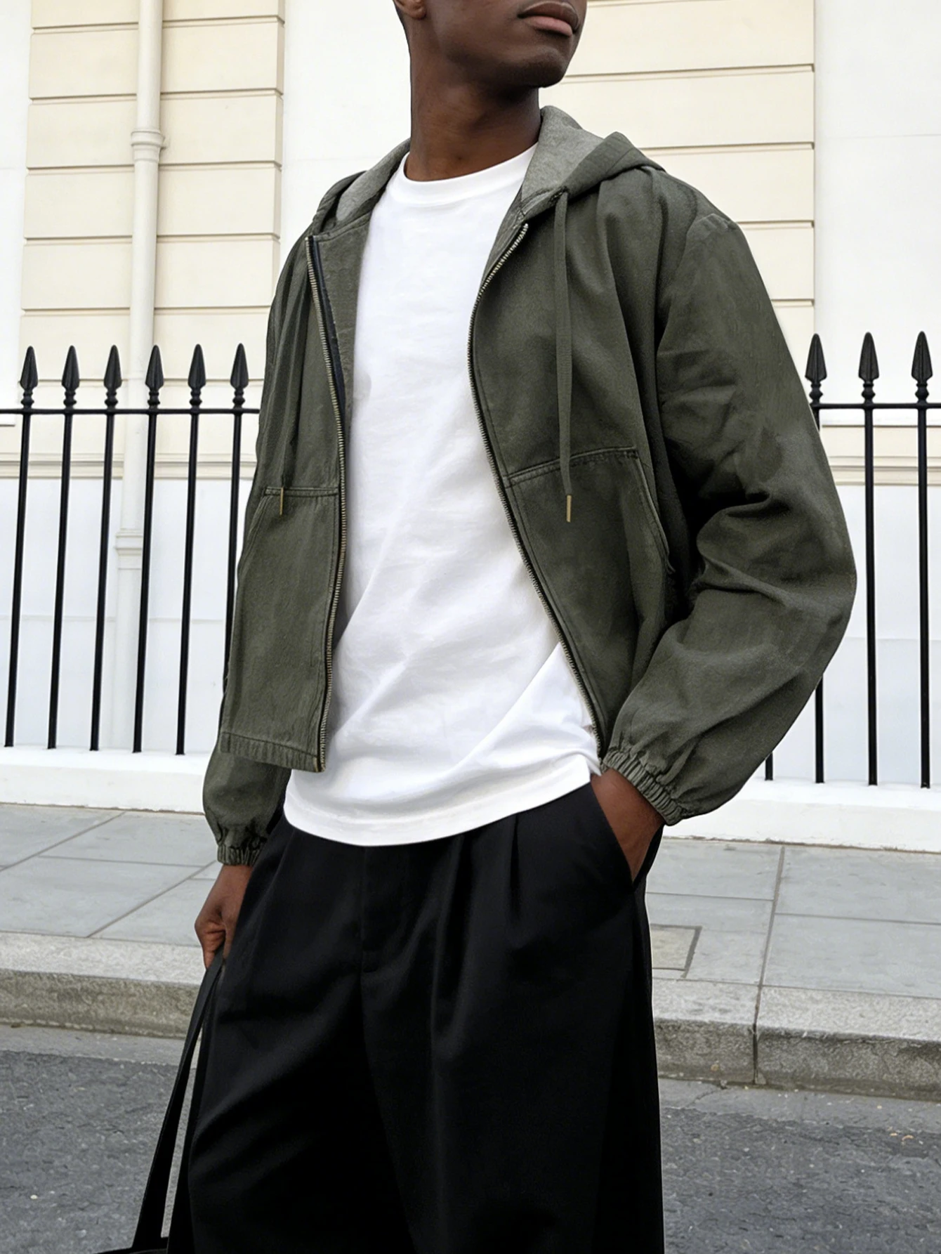 Army green short hooded denim jacket, short, body-proportioned, washed fabric, casual, high-end, boys' street jacket