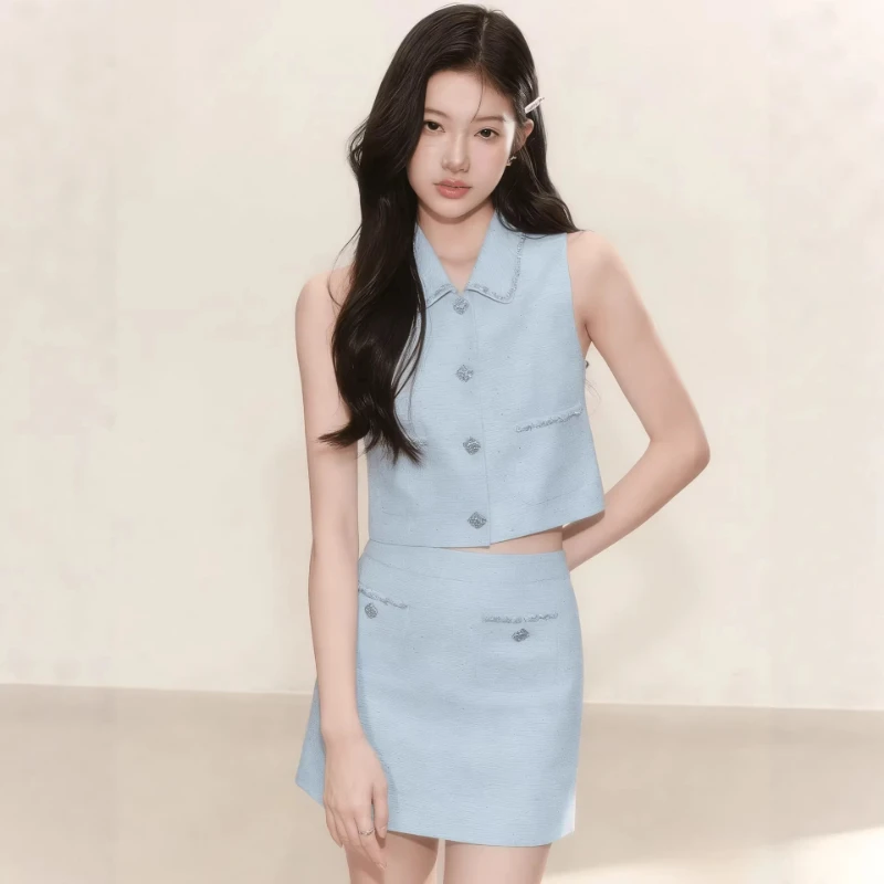 French-style Elegant Blue Set 2026 Summer Fashionable High-end Diamond-encrusted Sleeveless Top Skirt Two-piece Set for Women