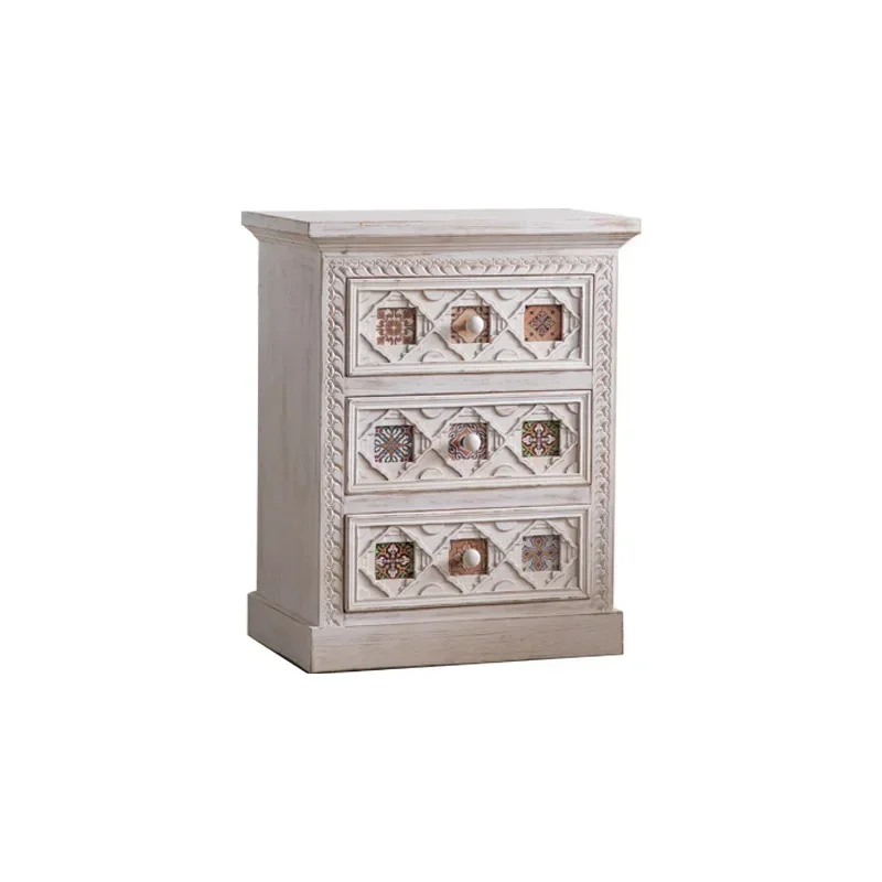 painting, retro drawer chest, American pastoral bedside table, storage cabinet, bedroom living room, solid wood side cabinet