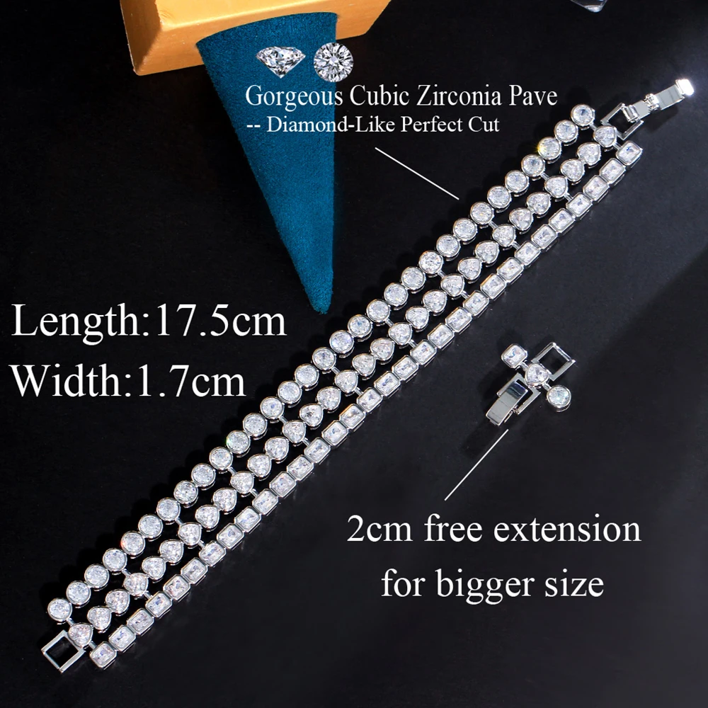 BeaQueen Luxury Geometric Wide Round Love Heart Shape Multiple Cubic Zirconia Bracelet for Women Wedding Engagement Jewelry B267