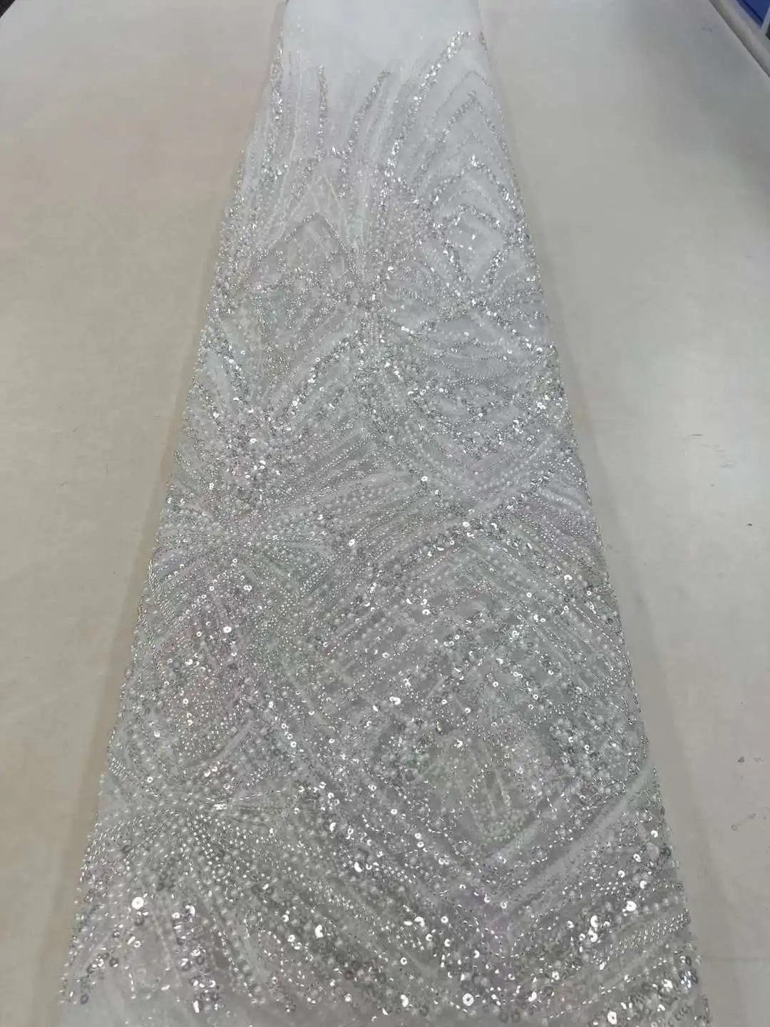 Tissu en dentelle de tulle français avec paillettes, matériel de broderie de perles, robe de soirée de mariage, nigWin, nouveau design, haute qualité