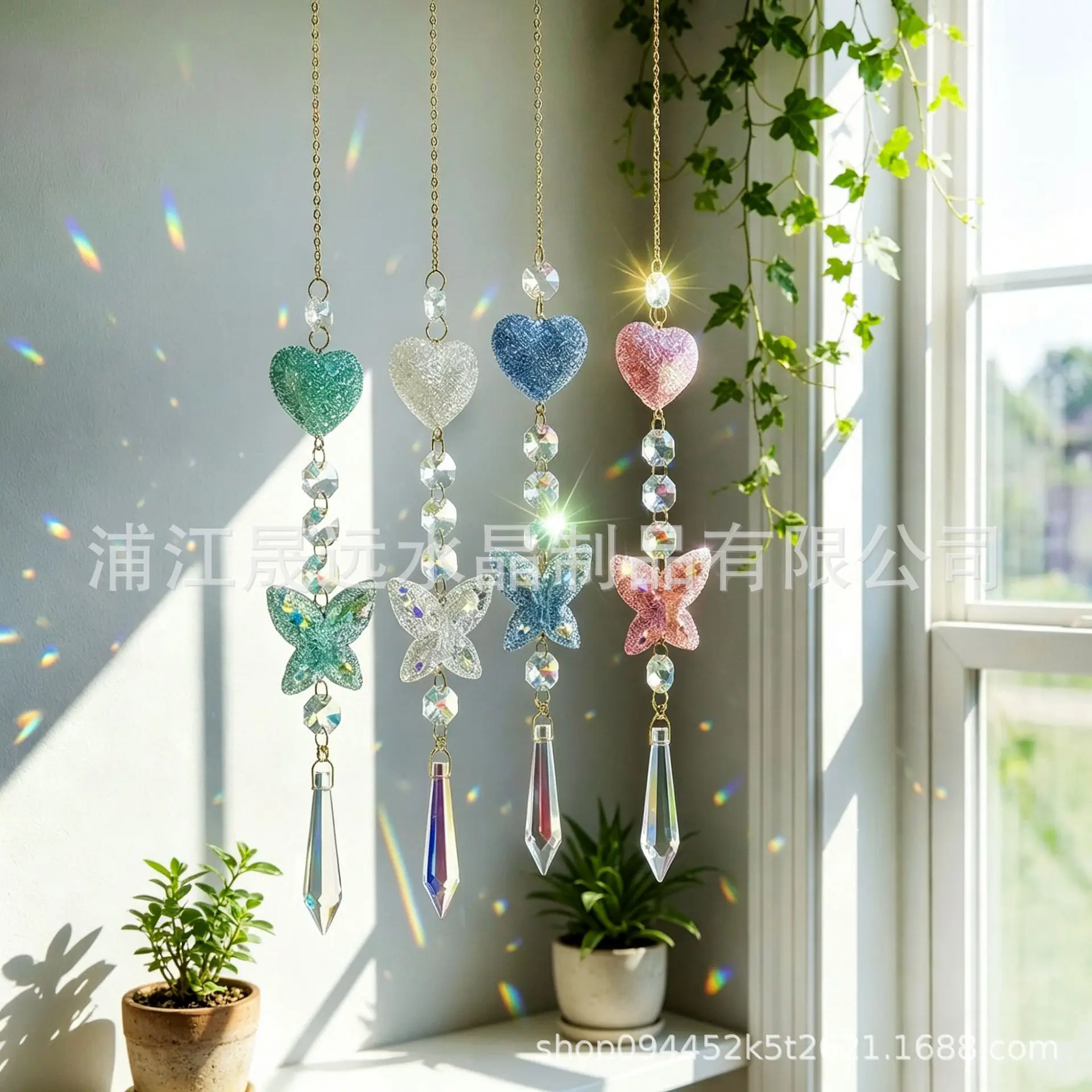 WW new jelly color love butterfly crystal sunshine catcher garden decoration wind chime crystal pendant