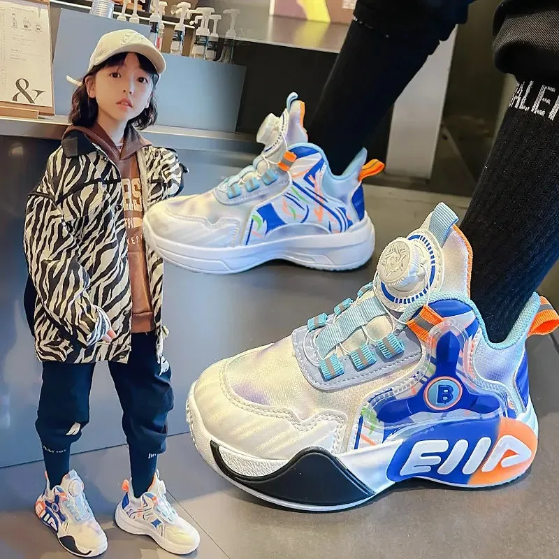 スニーカーガールズカジュアルランニングシューズ軽くて快適な子供テニスシューズ回転ボタンヴァンプトレーナー子供用スニーカー