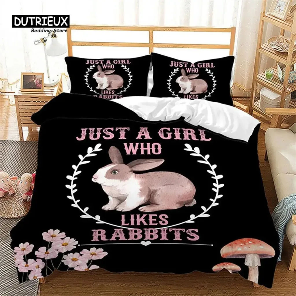 

Bunnies Duvet Cover Mushroom Floral Bedding Set Cute Animal Rabbit Quilt Cover Twin Size Greetings and Presents for Easter Day