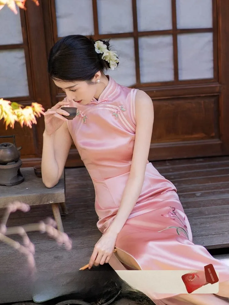 

Bridal Chinese Sle Embroidered Spring Cloud Pink Engagement Pink High Slit Ele Long Qipao Dr