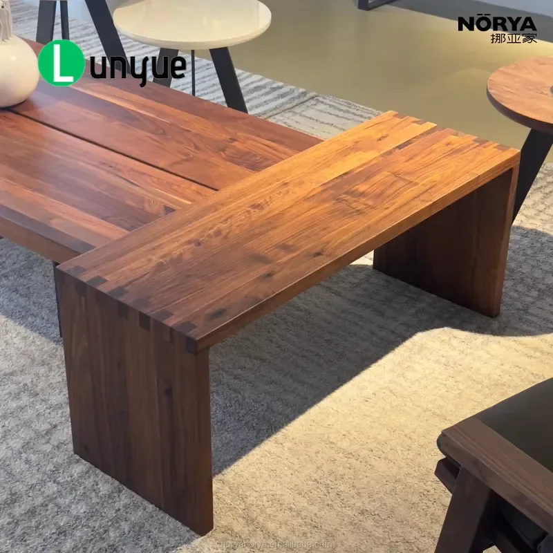 Multifunctional Solid Wood Bench Coffee Table Thick Top Floor Slide Living Room Furniture Walnut Finish Durable Space Saving