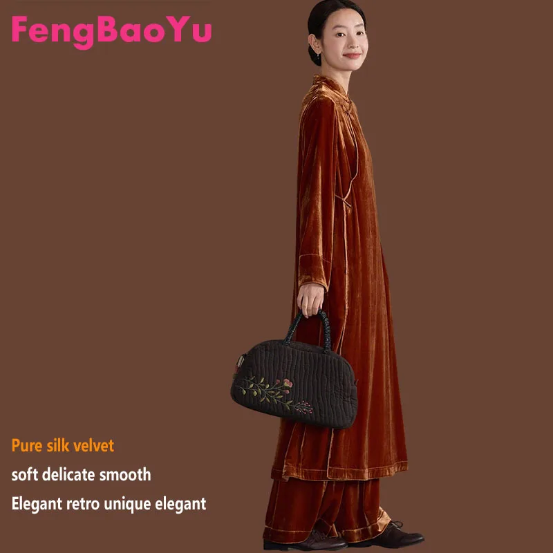 

Роскошное женское платье Fengbaoyu из шелкового бархата, ретро-стиль, А-силуэт, ципао, элегантное и изящное, повседневная одежда, комфортное, мягкое, блестящее