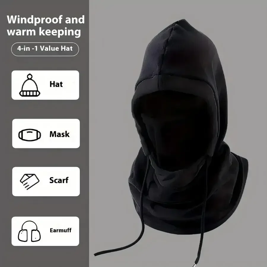 Unisex-Winter-Sturmhaube, gestrickte Kapuze – winddichte Maske mit Kordelzug, Motorrad-Kopfbedeckung, warme Strickmütze für kaltes Wetter