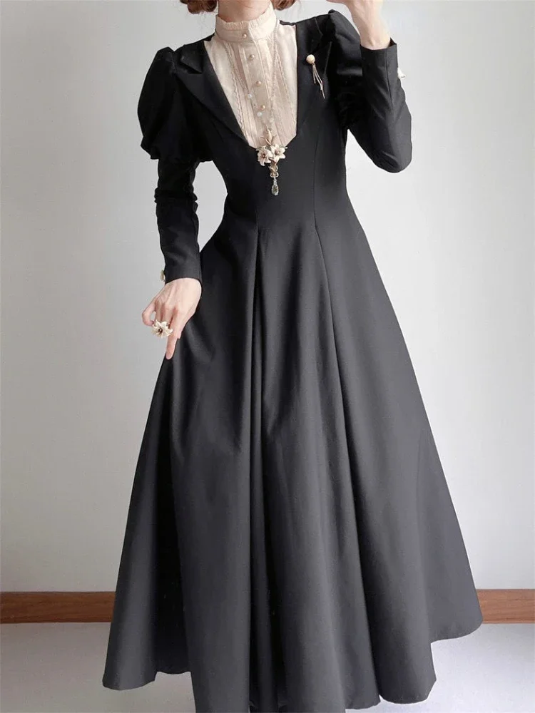 Black Japanese Lolita Elegant Dress Women Bubble Sleeve Evening Party Long Dress Female Bow O-neck Vintage France Y2k Dress 2024