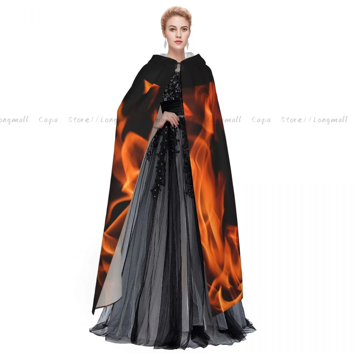 Flames Of Fire Background Hooded Everak Coat, Halloween Cosplay Costume, Vampire, SAFWizard Cape, Gown Party