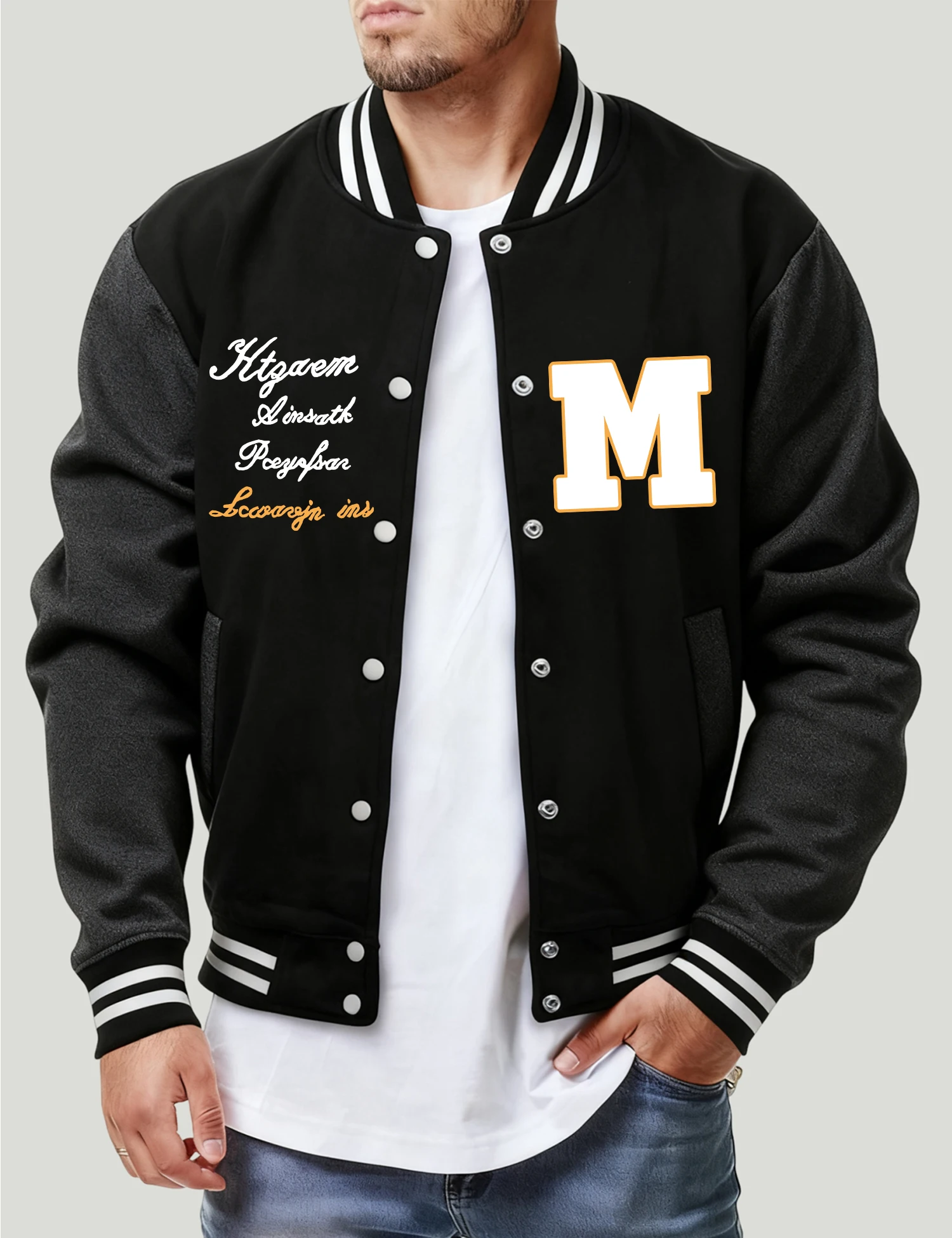 

Artistic Letters And M Print Baseball Jersey Male Fashion Button Top Vintage Loose Jacket Unisex Fleece Soft All-Match Clothing