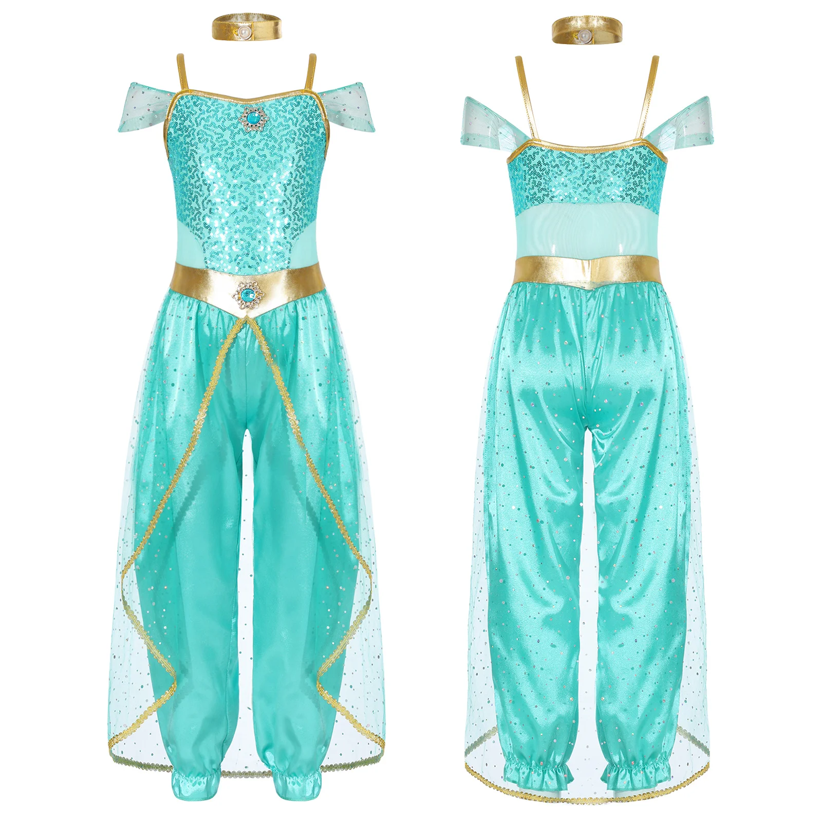 Kids Girls Arabian Princess Costume Shiny Sequins Indian Jumpsuit with Choker Belly Dance Halloween Party Performance Bodysuits