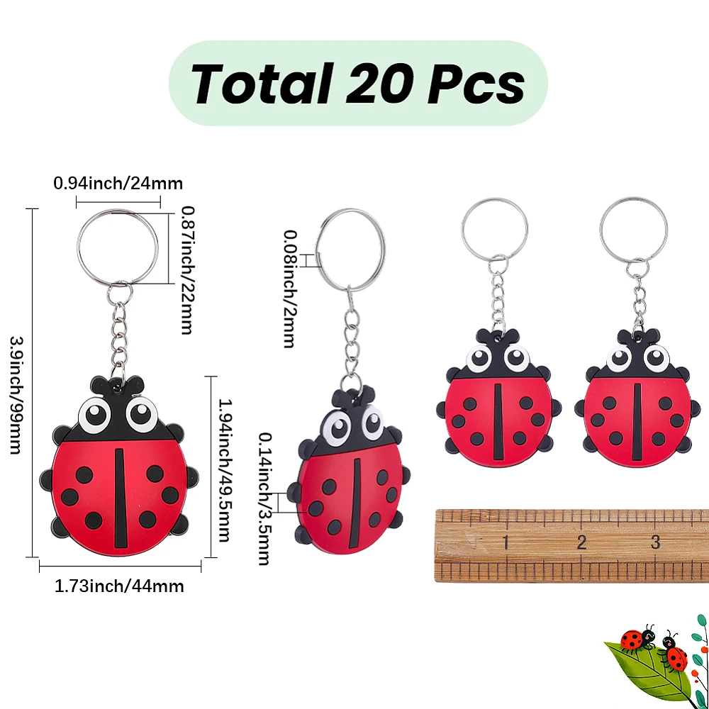 20Pcs Ladybug Keychains Insect Key Chain PVC Plastic Cartoon Animal Lady Bugs Key Ring Pack Bag Charm Pendants for Party Favor
