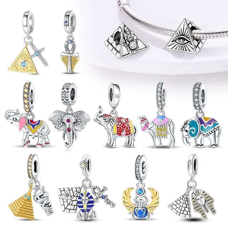 real Silver 925 Gold Pyramid Mummy Double Charm Elephant Beads Fit Pandora Bracelet for Women Diy Gift Fine Jewelry Making